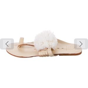 Beige Pom-Pom Leather Slide Sandals